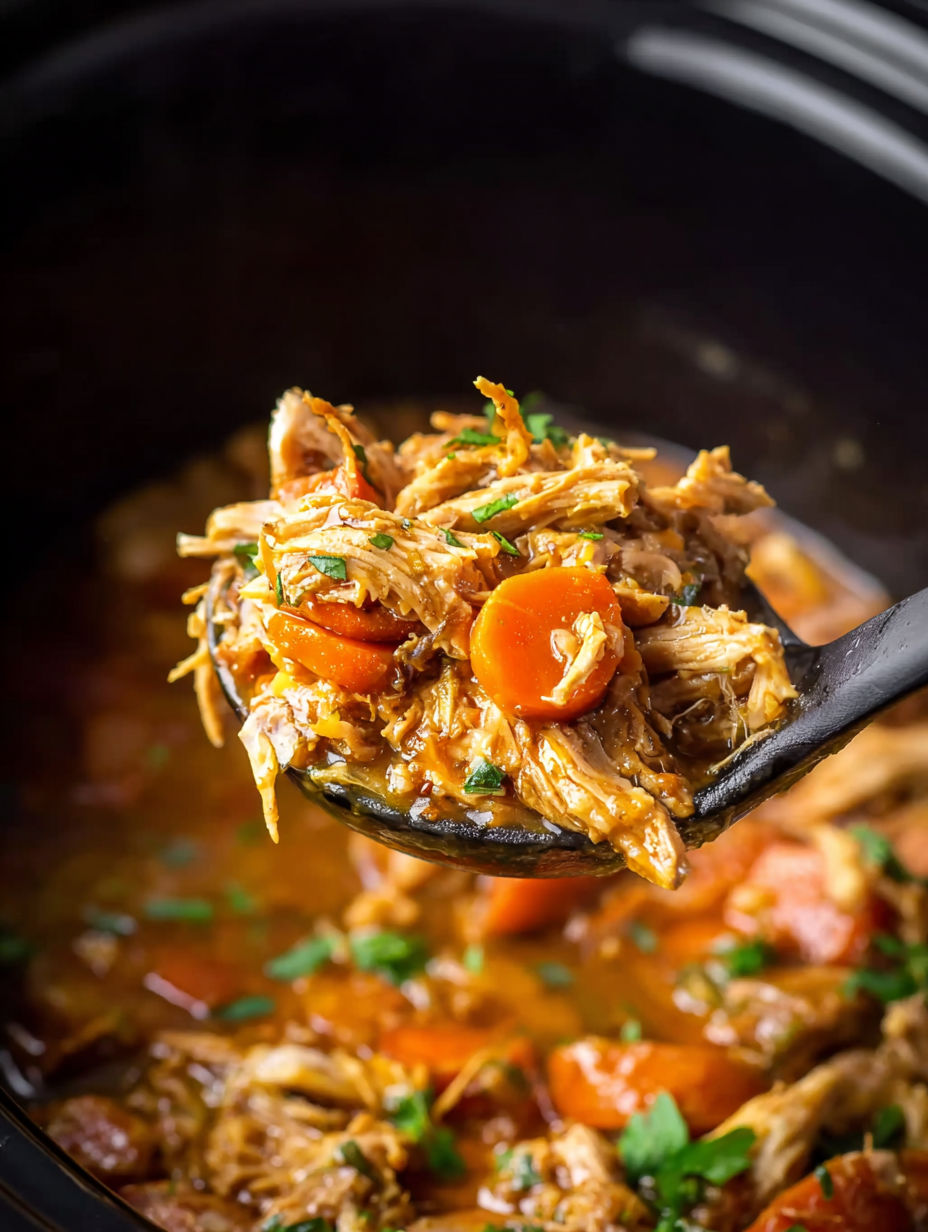 A spoon is in a crockpot with chicken pot roast.