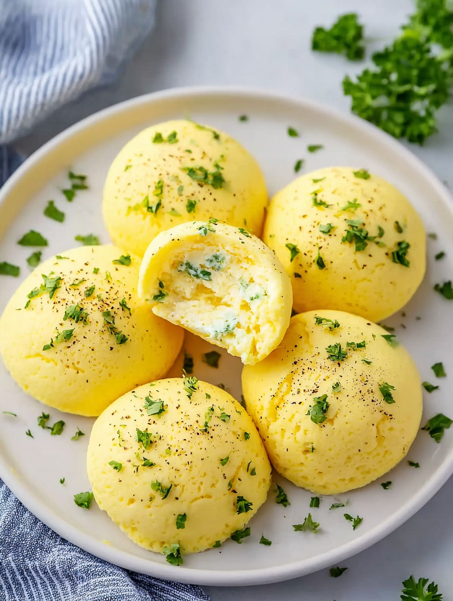 A plate of four yellow food items with a blue cloth in the background.