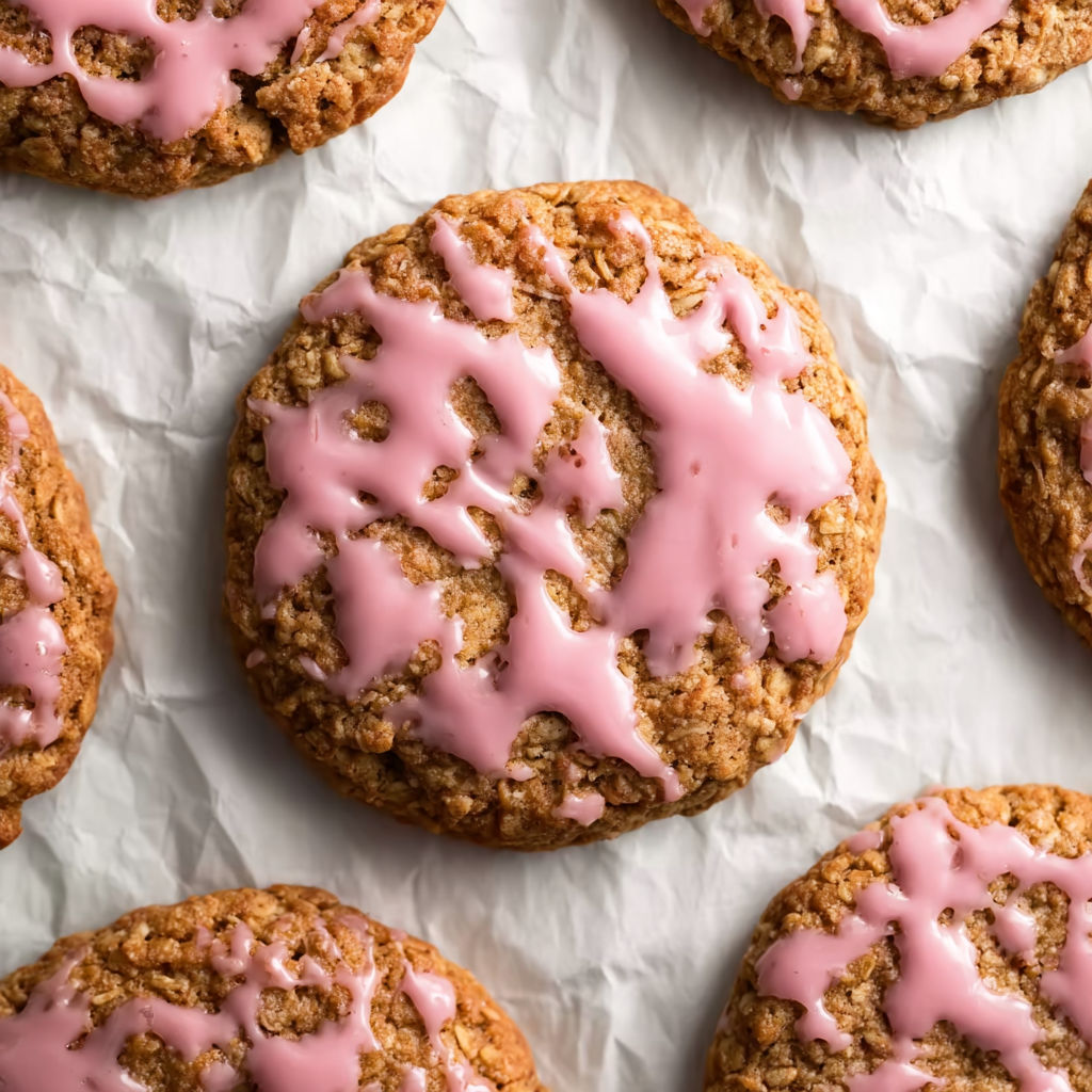 Pink frosting on top of cookies.