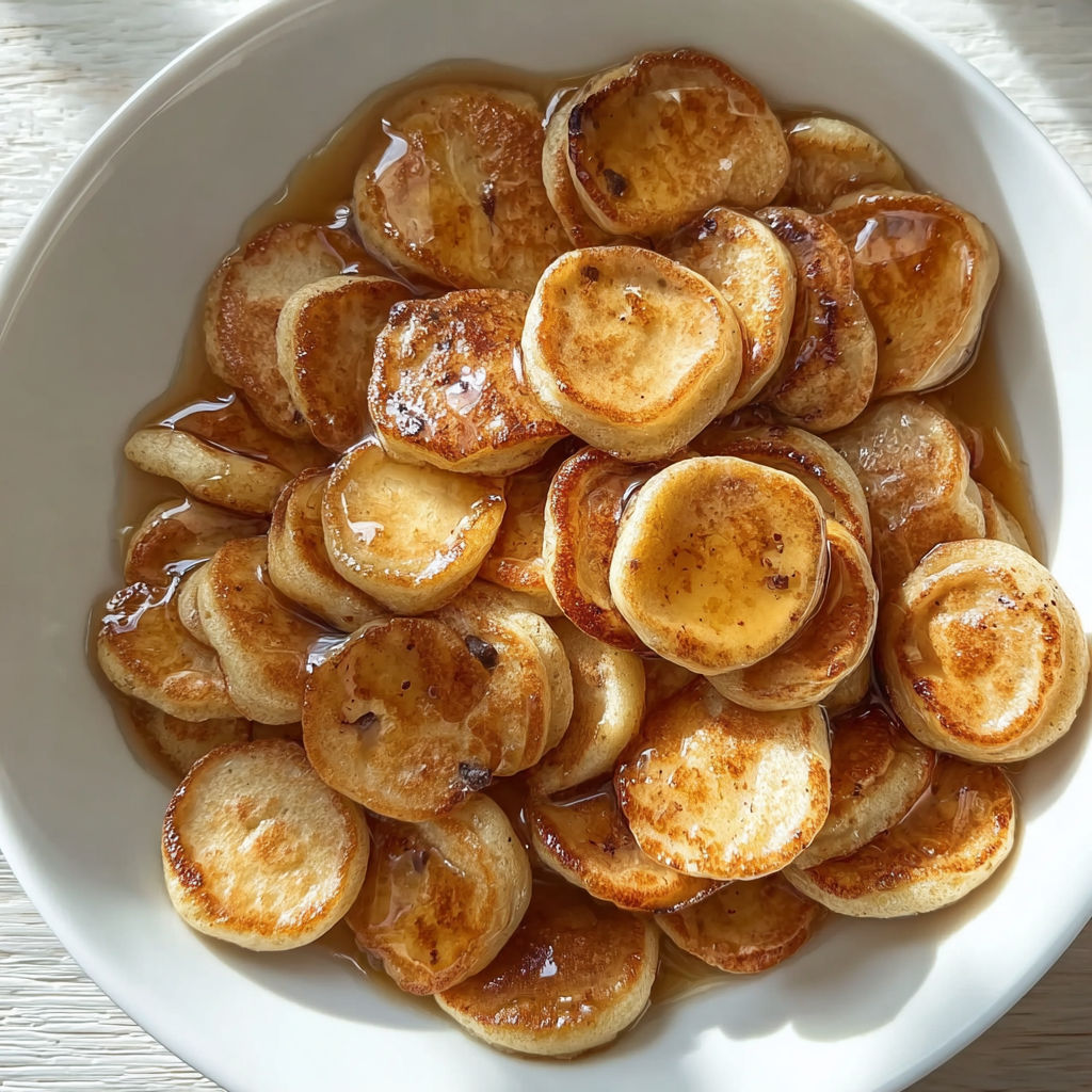 A white bowl filled with mini banana pancake bites.