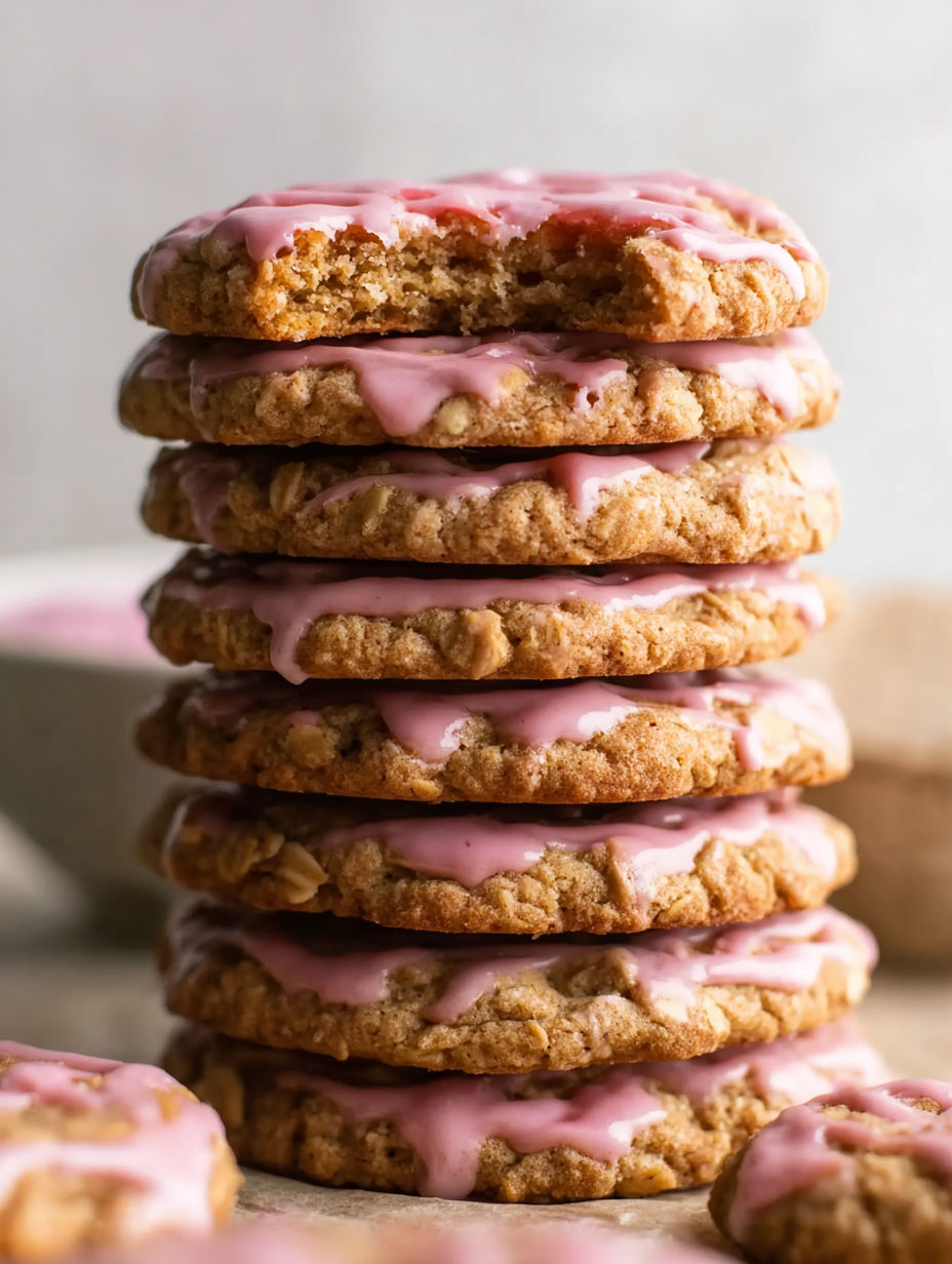 A stack of cookies with pink frosting and a strawberry on top.