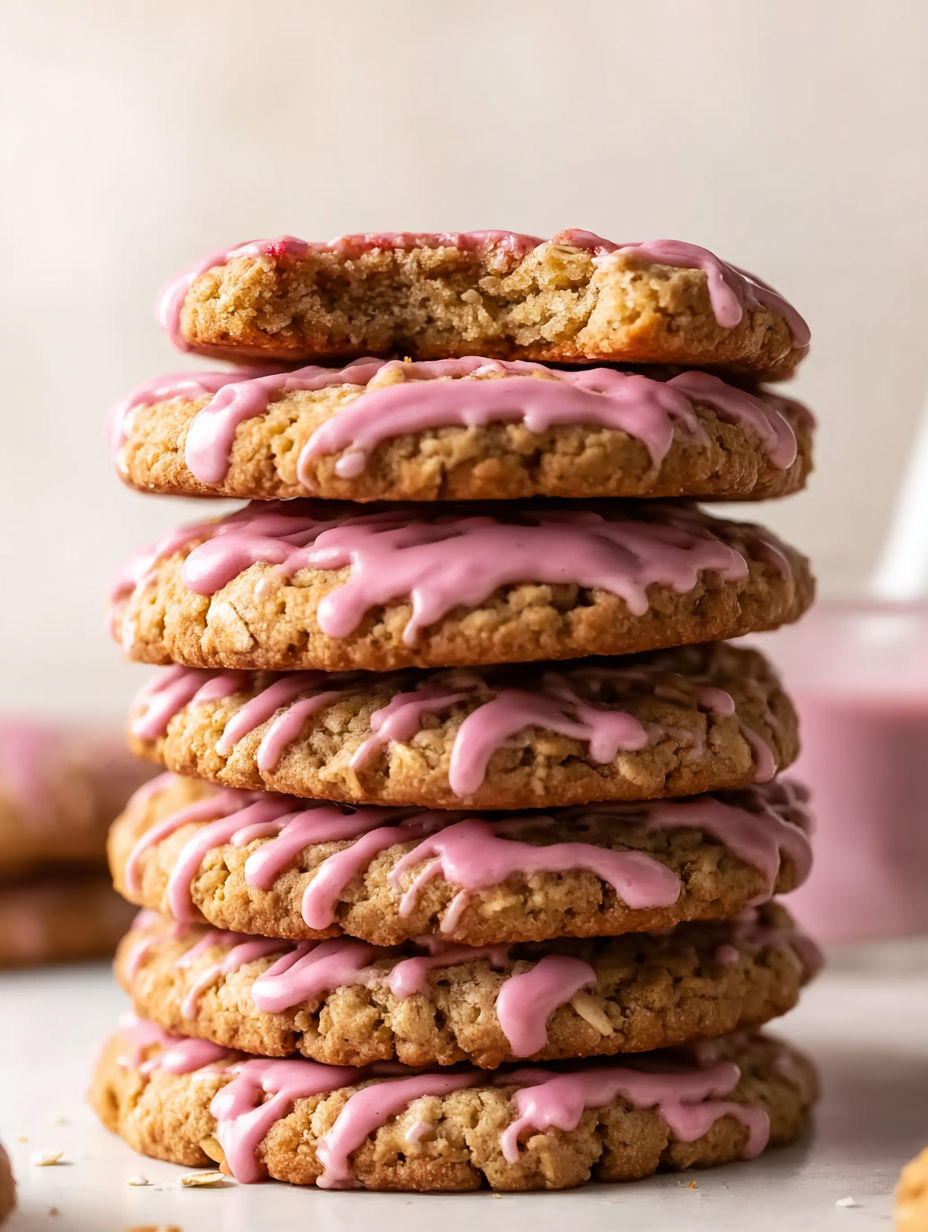 A stack of cookies with pink frosting and a white background.
