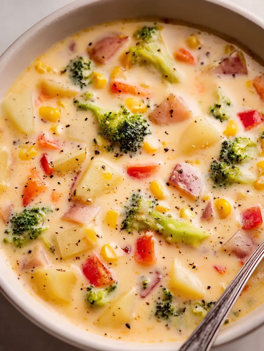 A bowl of creamy soup with broccoli and corn.