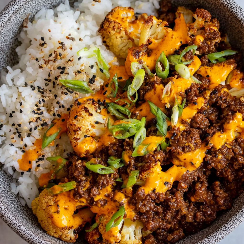 A bowl of food with rice, cauliflower, and chili.