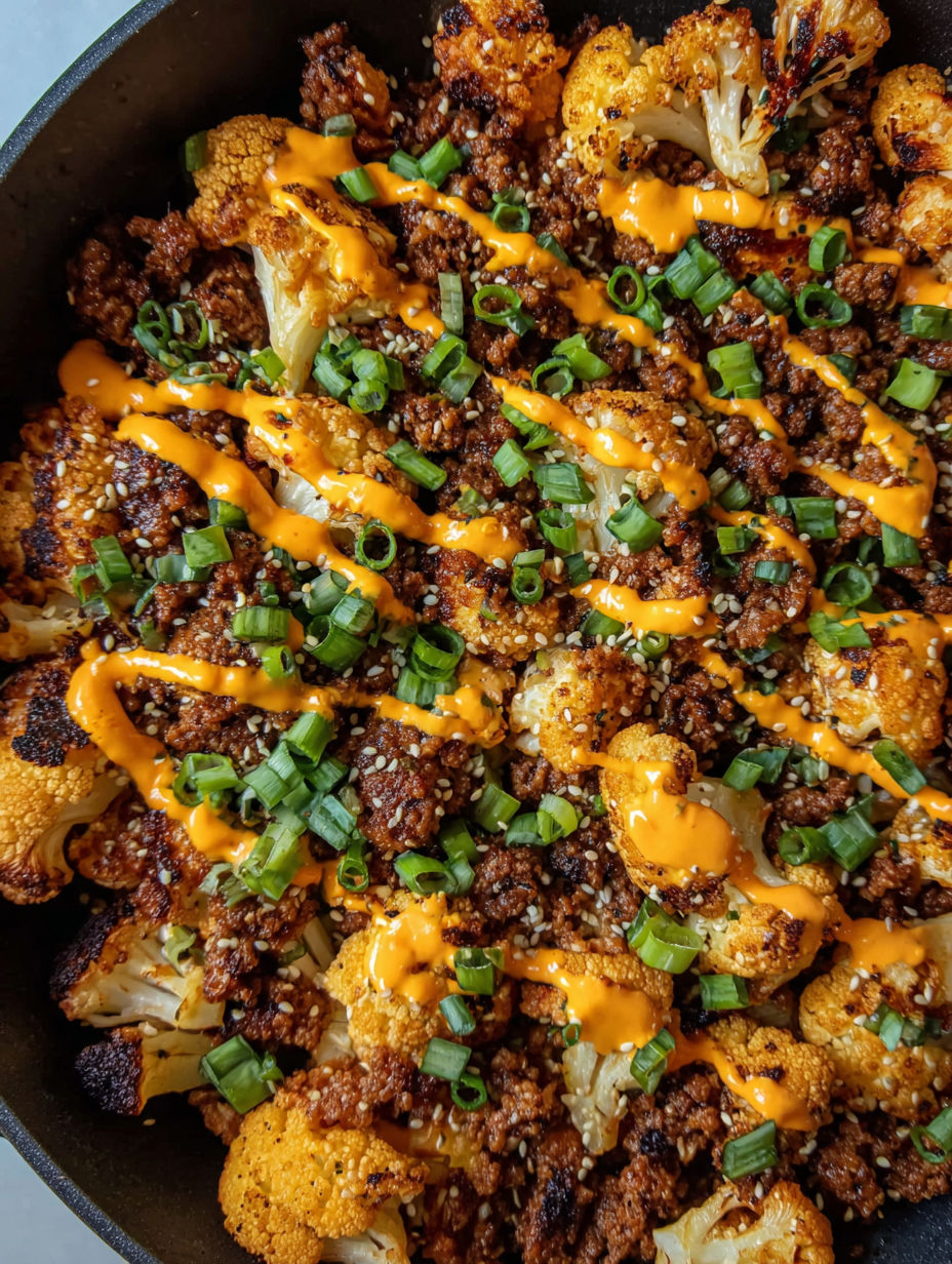 A skillet of chili with ground beef and cauliflower.