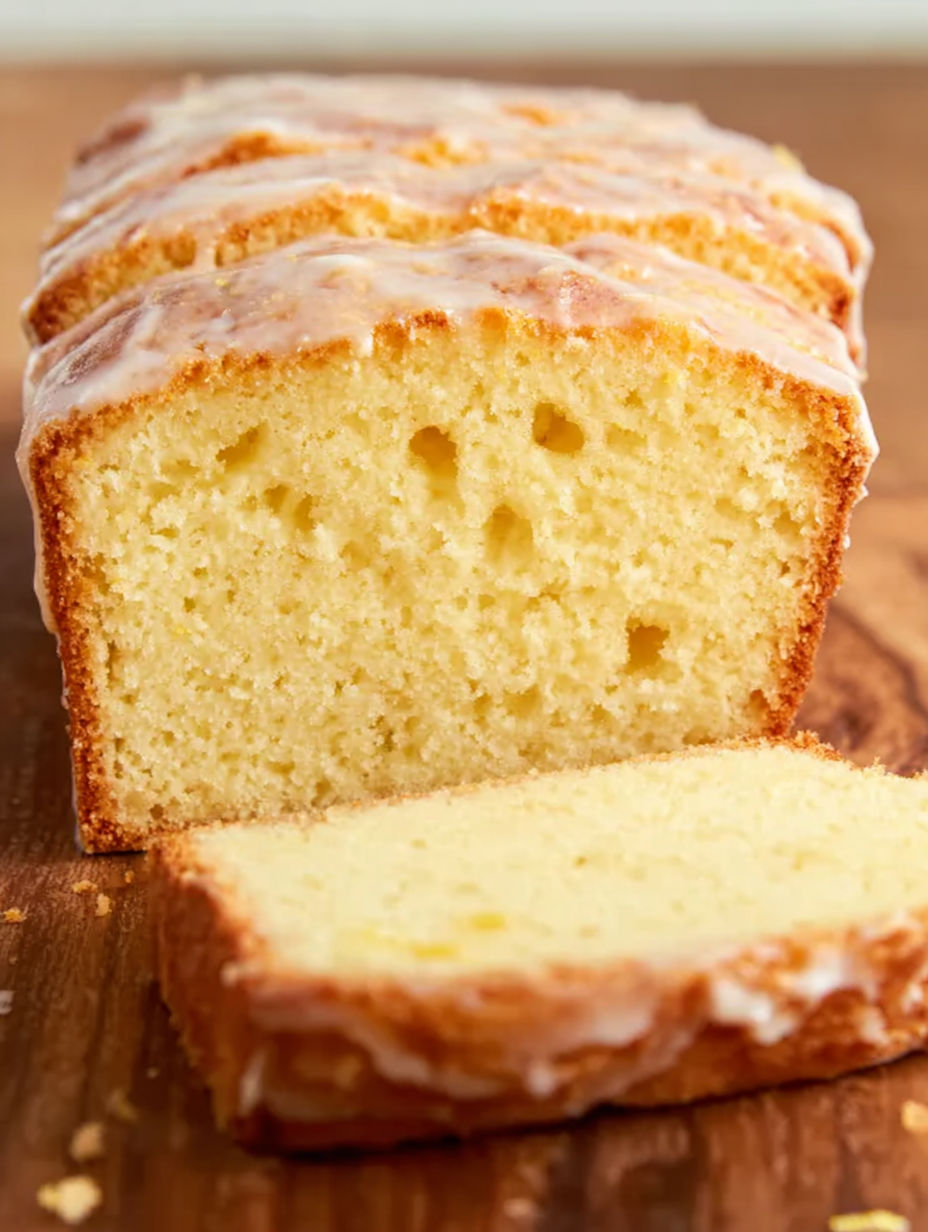 A slice of glazed sourdough lemon cake.