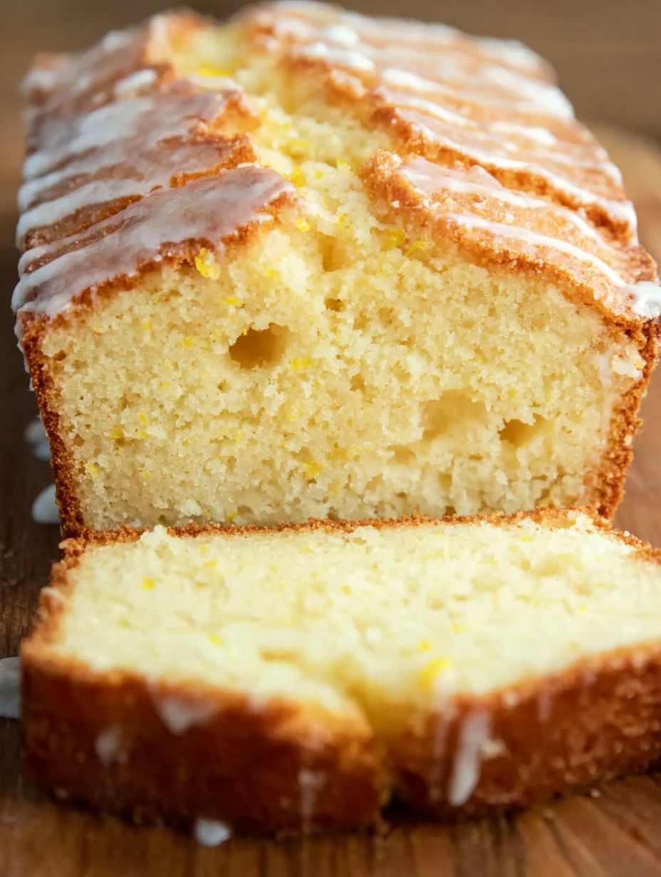 A slice of glazed sourdough lemon cake.