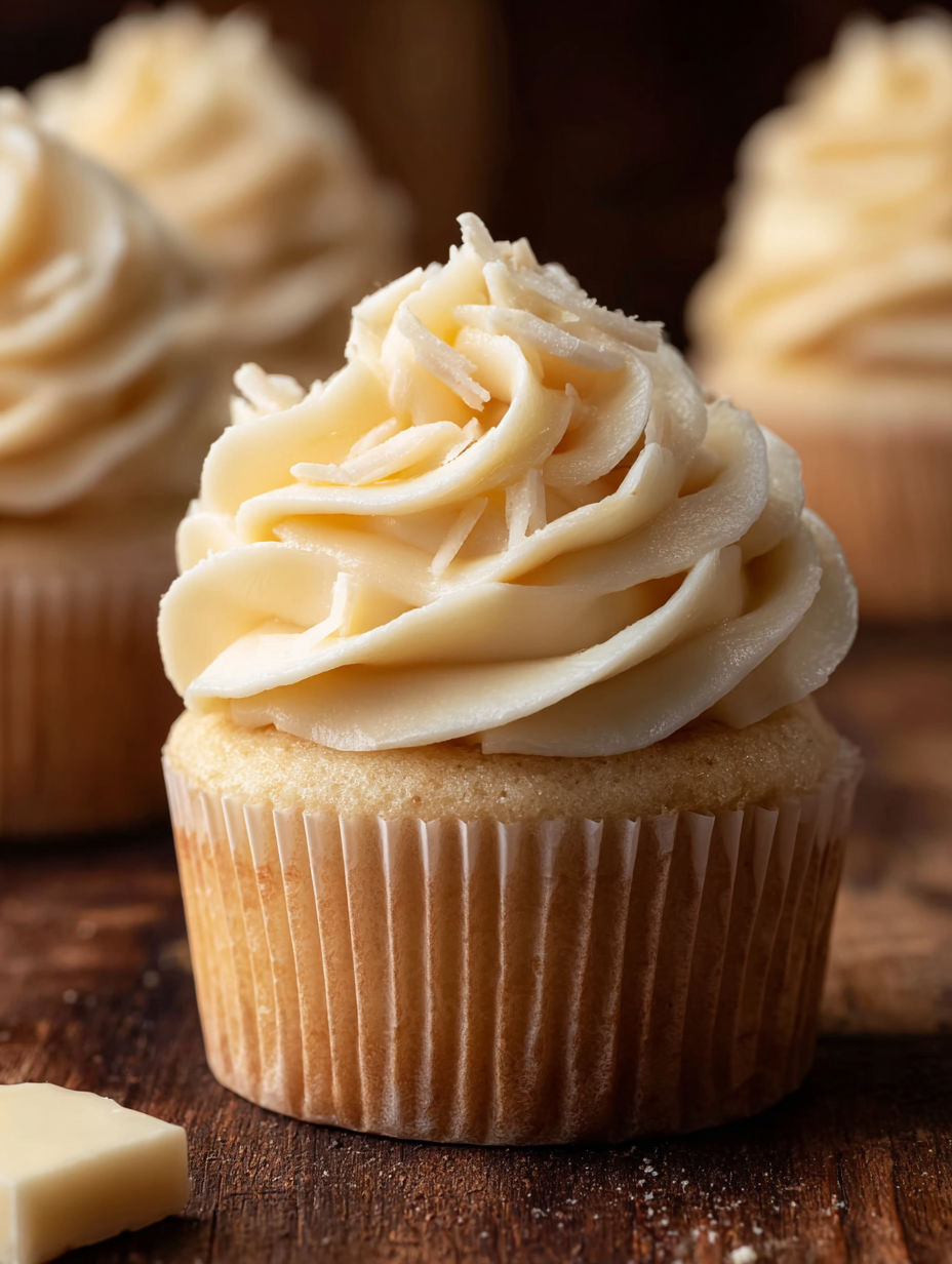 A white chocolate cupcake with a swirl of white frosting.