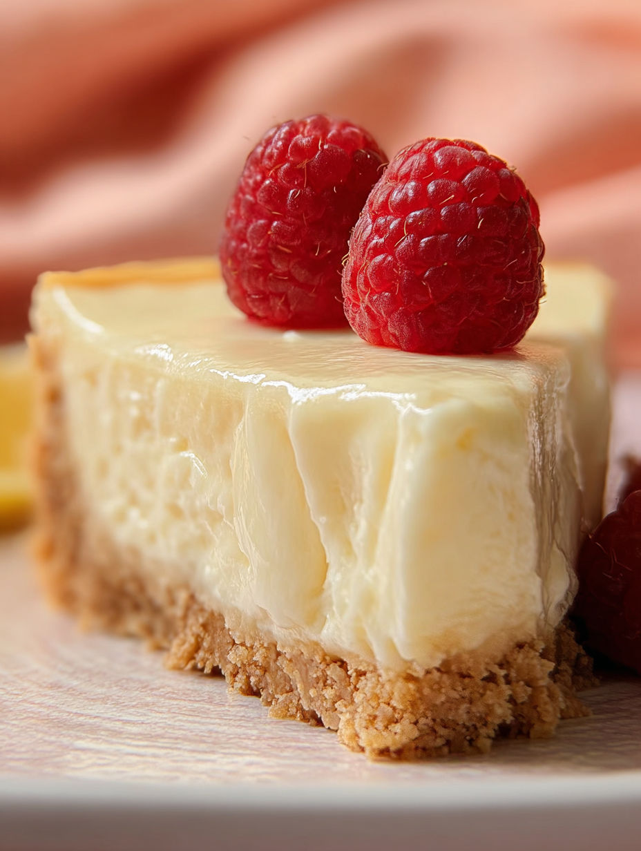 A slice of cheesecake with two raspberries on top.