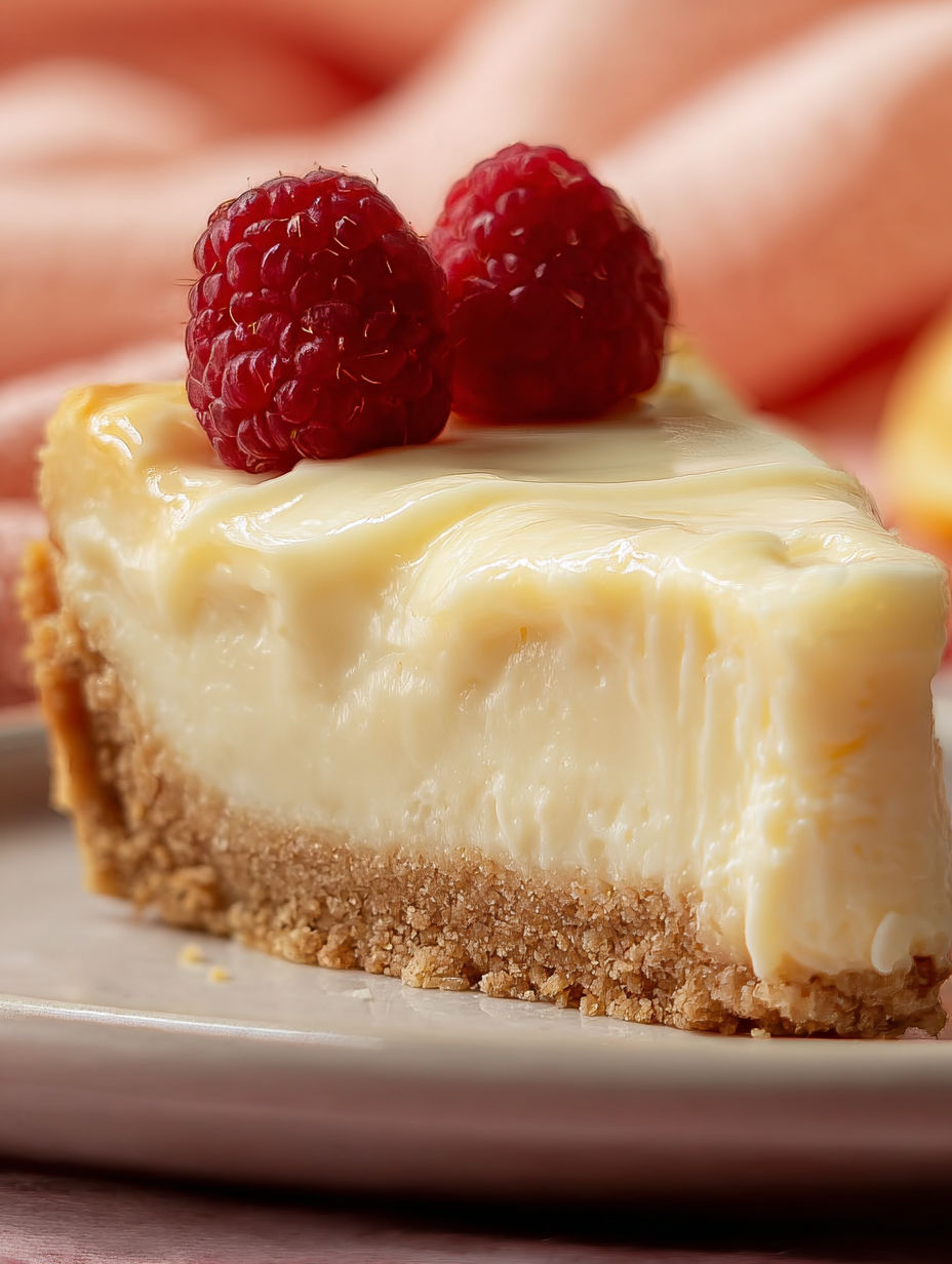 A slice of cheesecake with raspberries on top.
