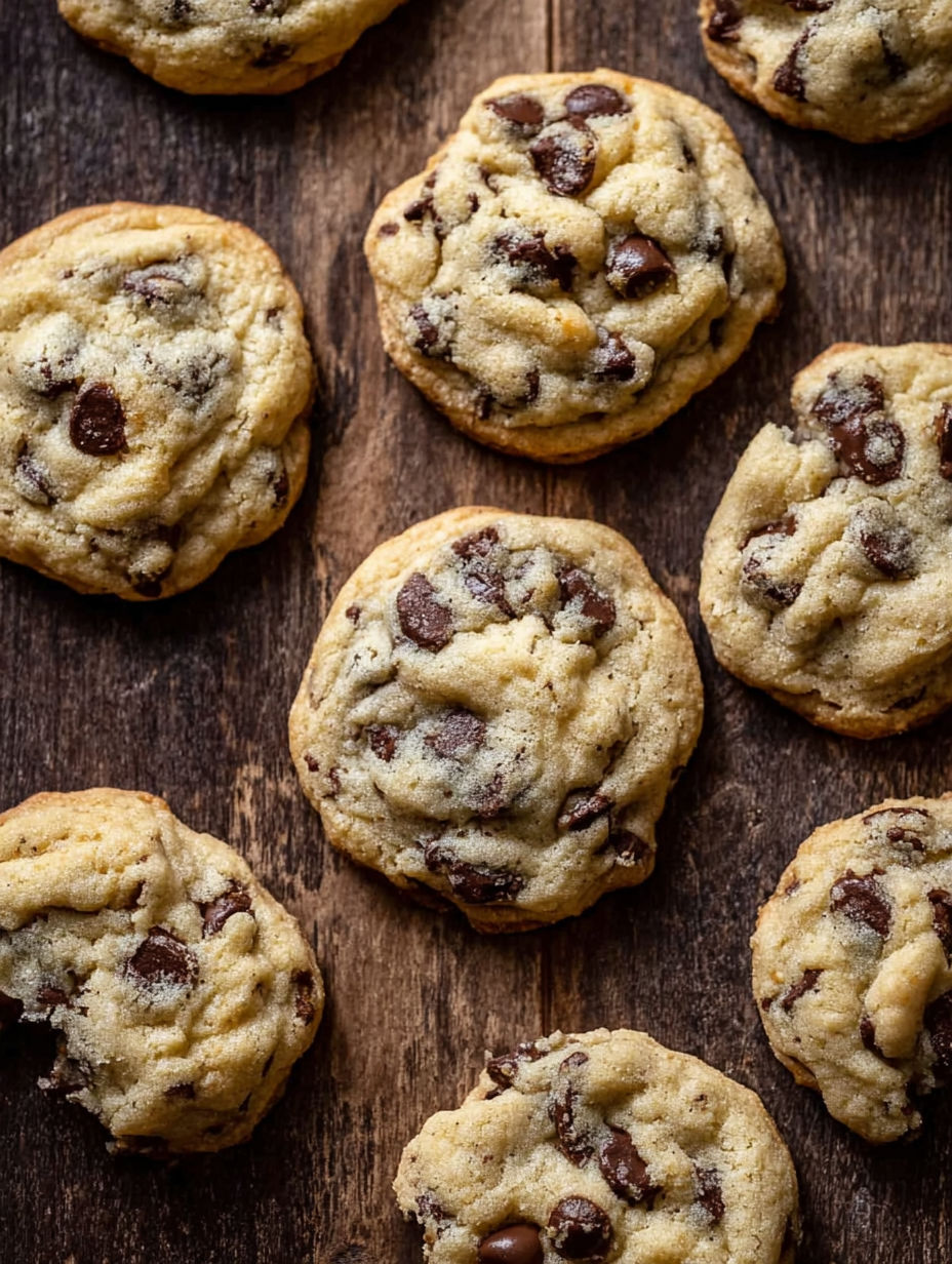 A wooden table with a dozen sourdough chocolate chip cookies.
