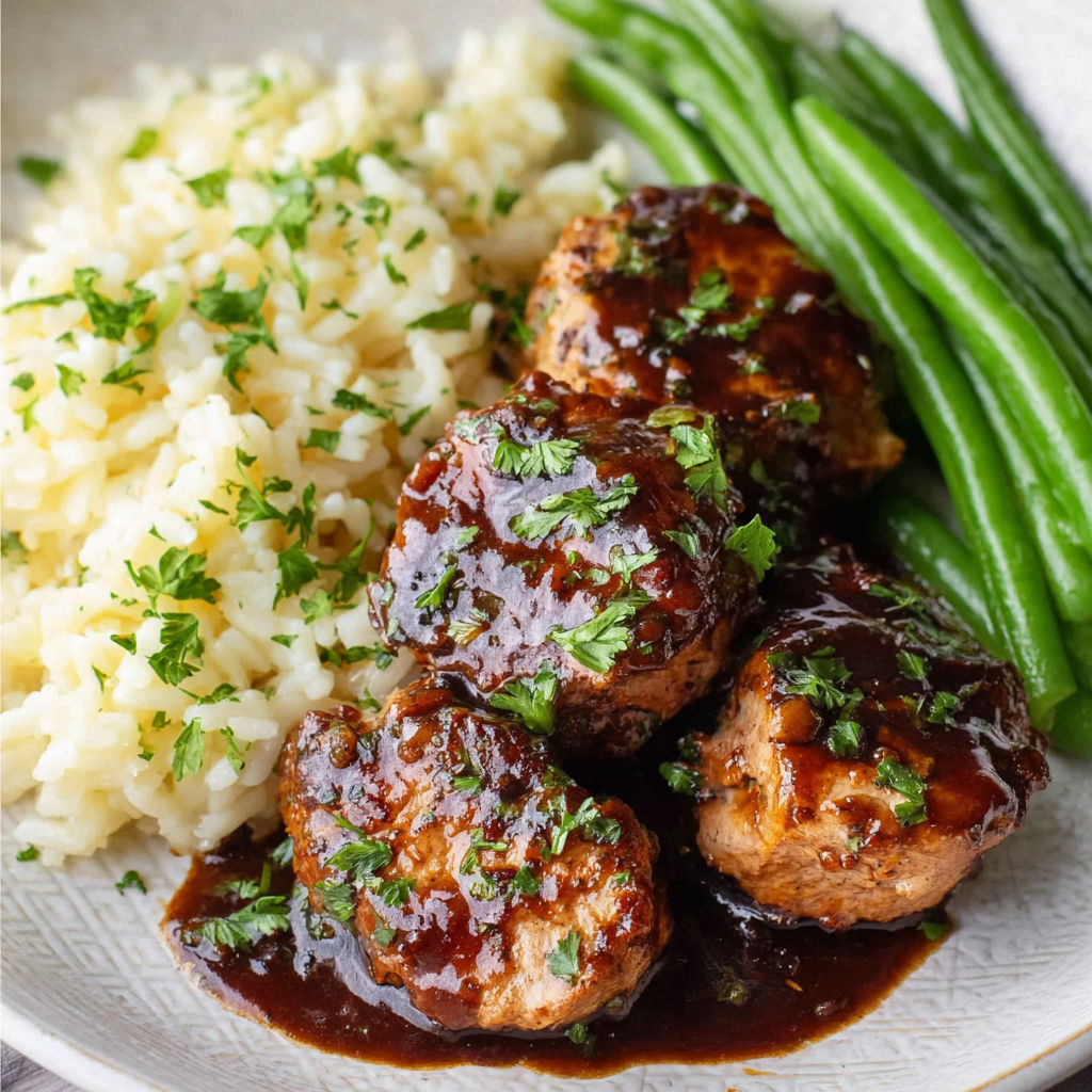 A plate of pork medallions with onion gravy.