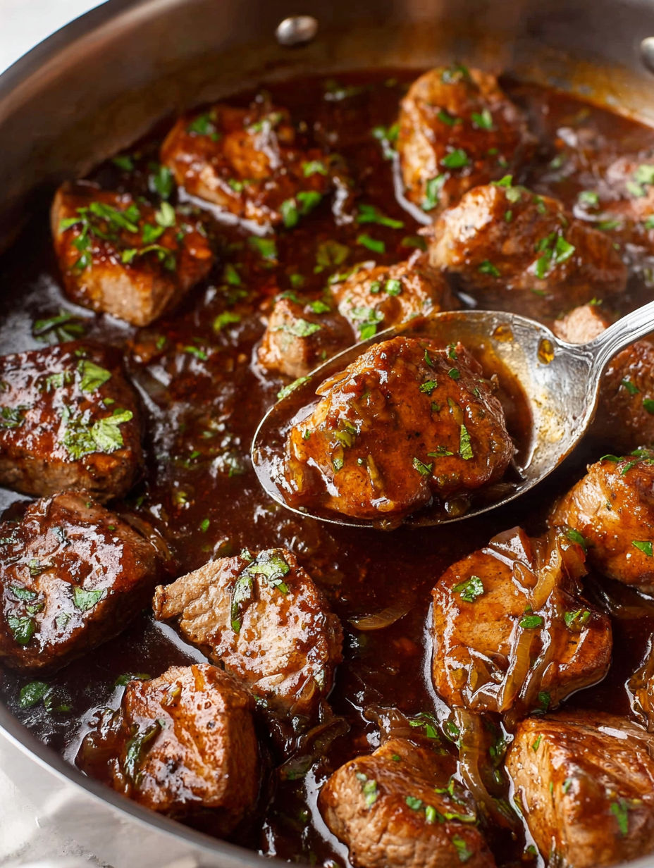A spoon is in a bowl of meat and gravy.