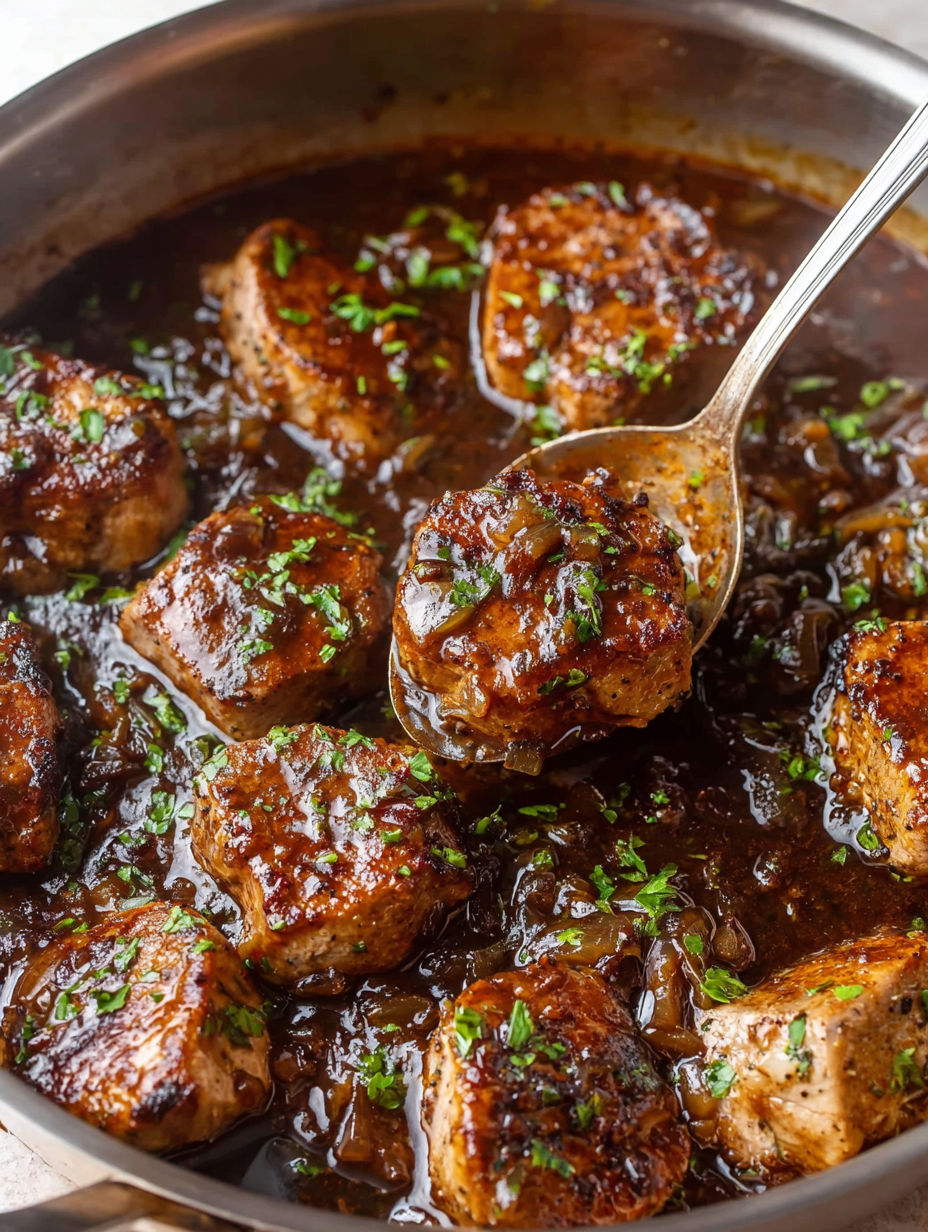 A spoon is in a bowl of pork medallions with onion gravy.