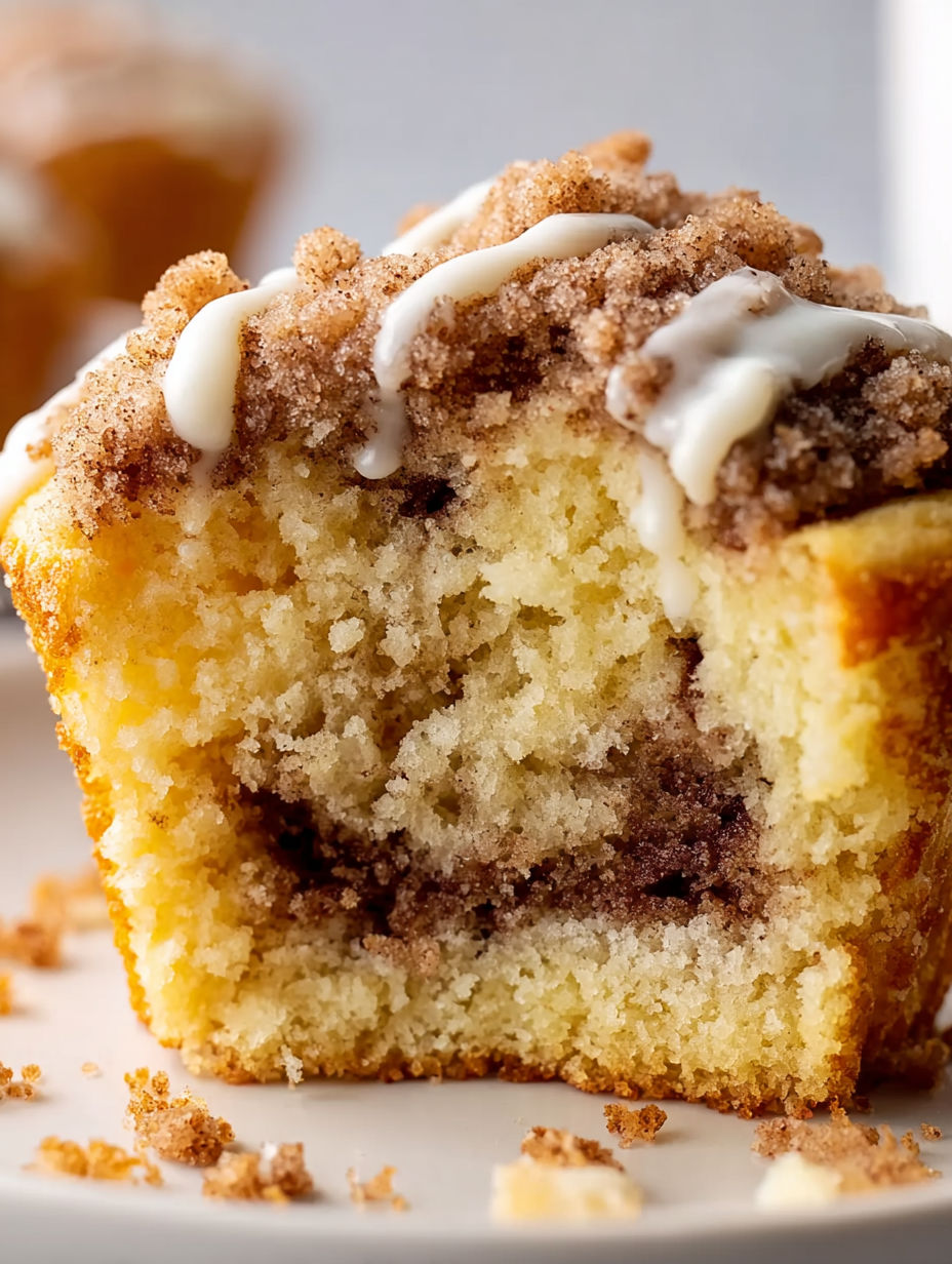 A slice of coffee cake muffin with white frosting.