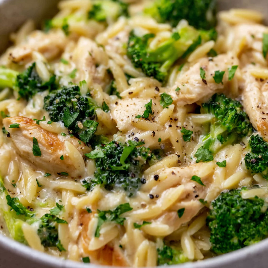 A bowl of chicken and broccoli orzo.