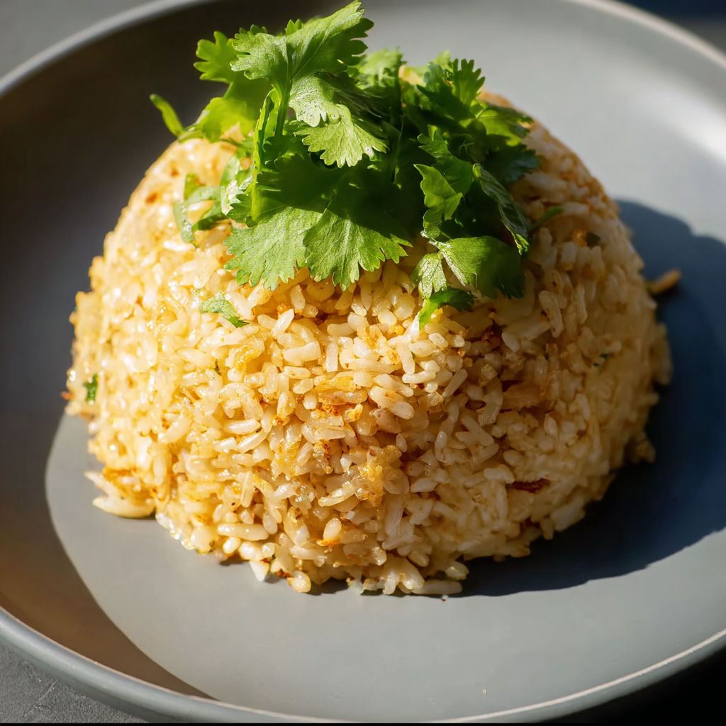 A plate of rice with a green topping.