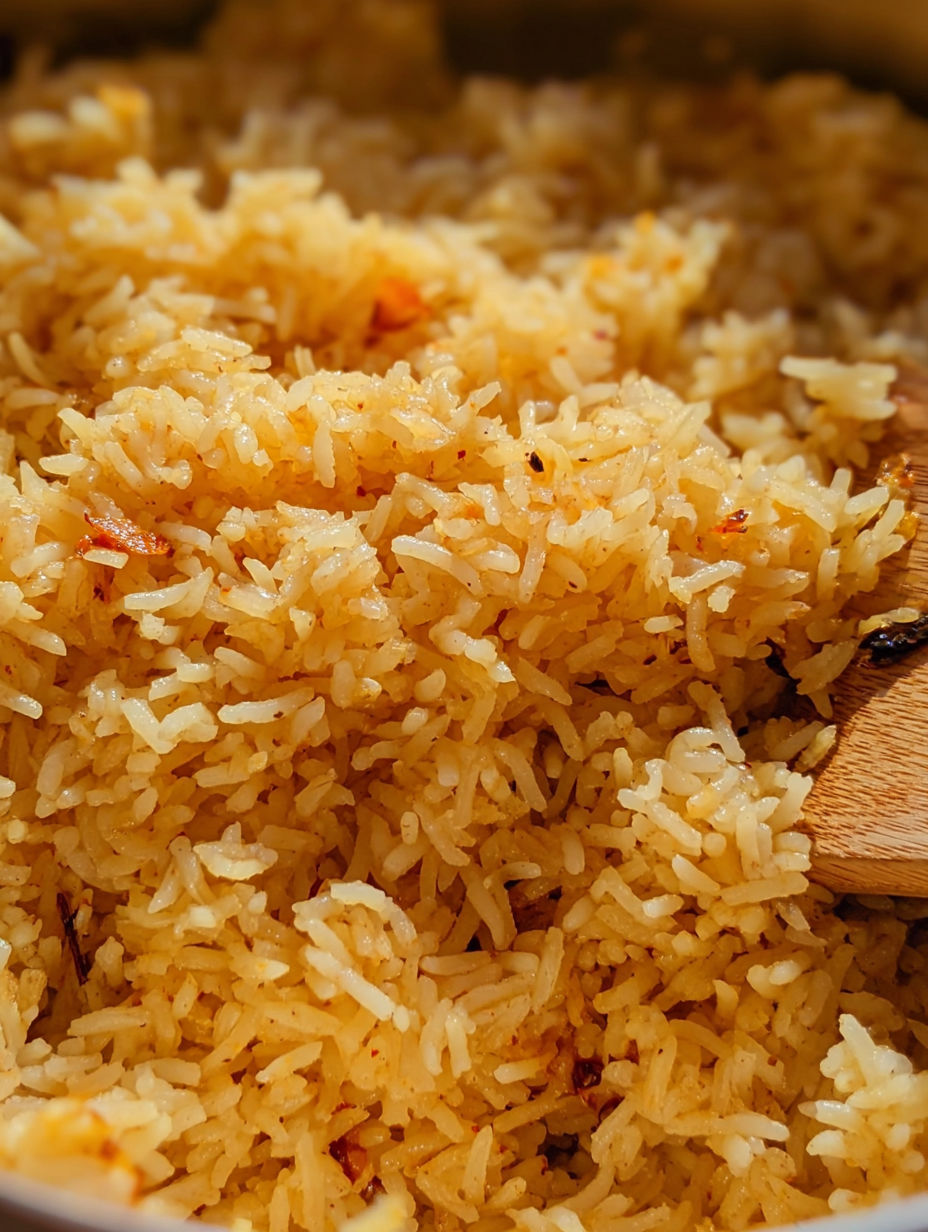A wooden spoon in a bowl of rice.