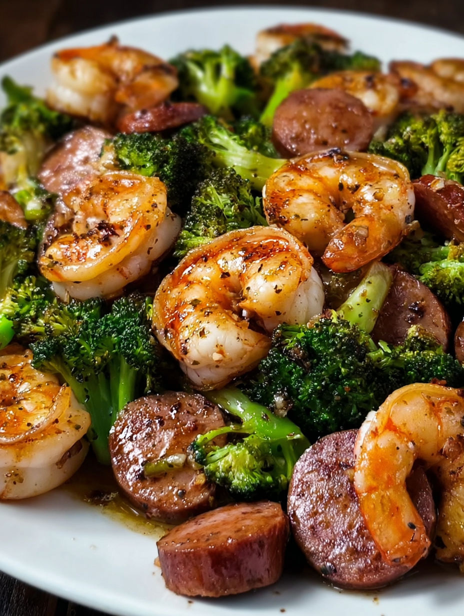 A plate of shrimp and broccoli.
