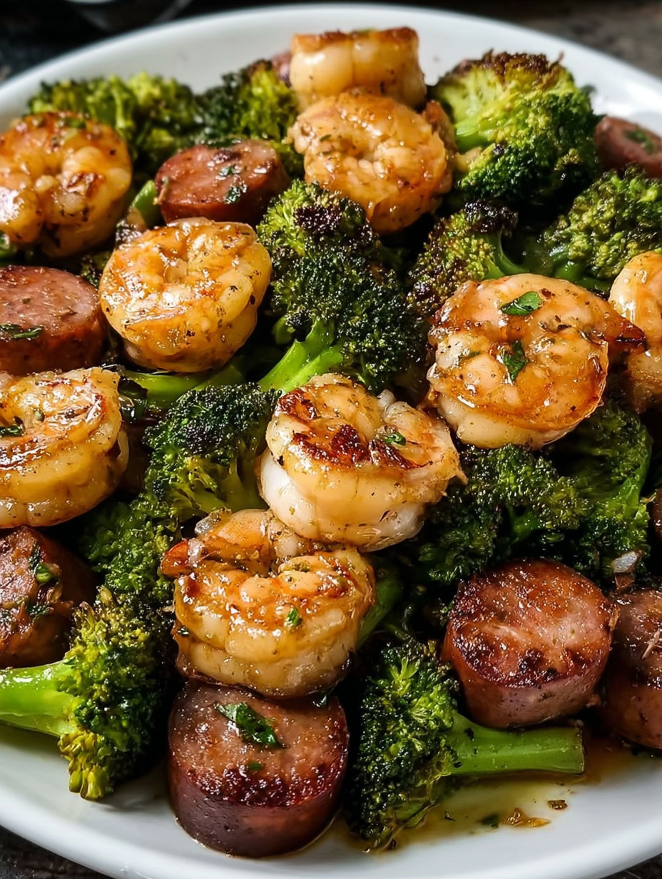 A plate of food with shrimp, sausage, and broccoli.