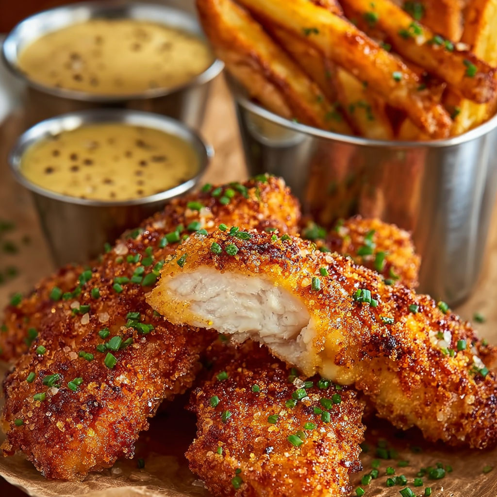 A plate of fried chicken with a dipping sauce.