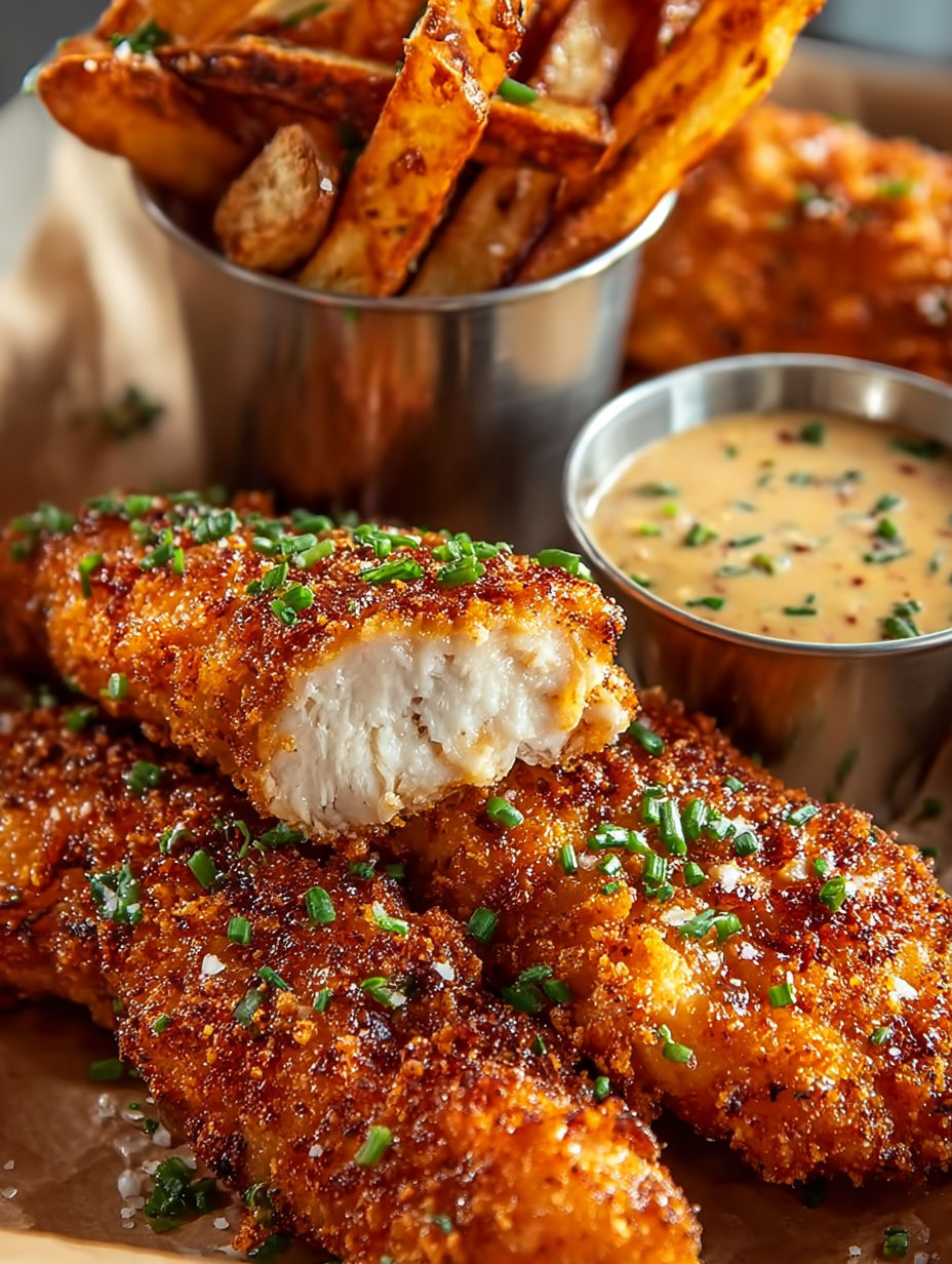 A plate of fried chicken with a dipping sauce.