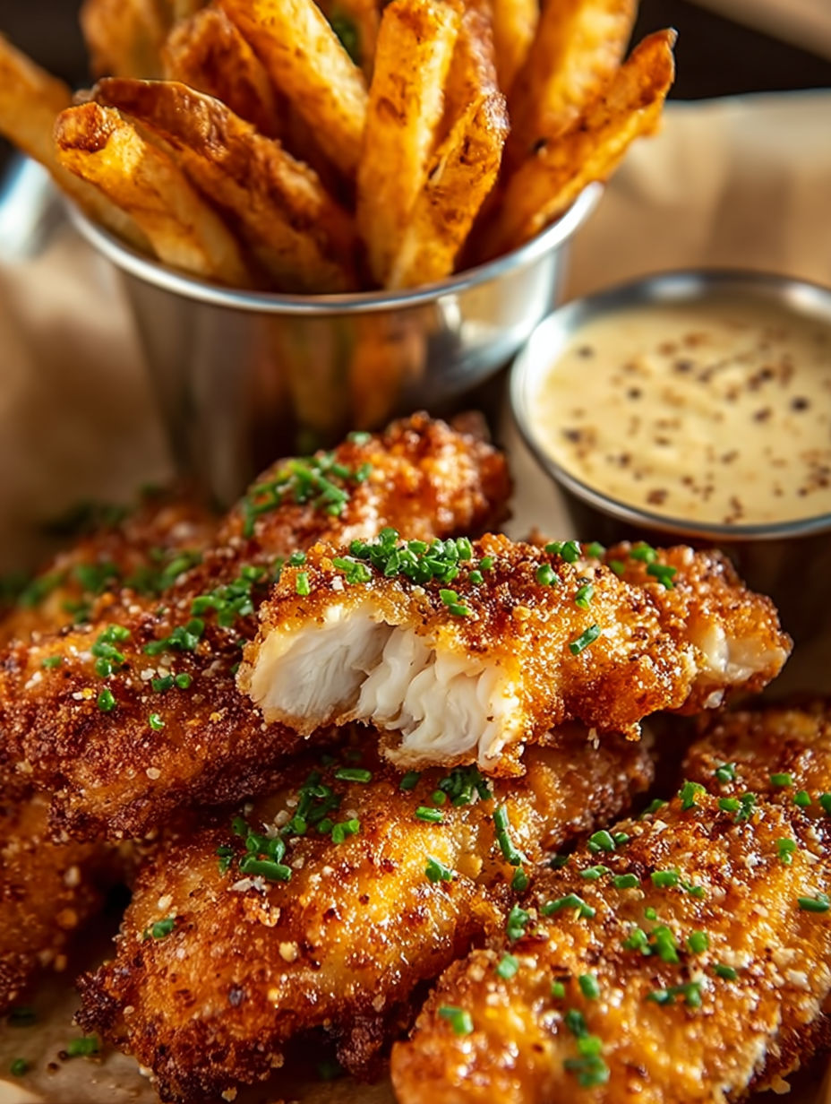 A plate of fried chicken with a dipping sauce.