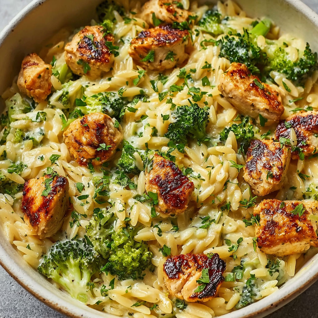 A bowl of creamy chicken, broccoli and orzo with cheese.