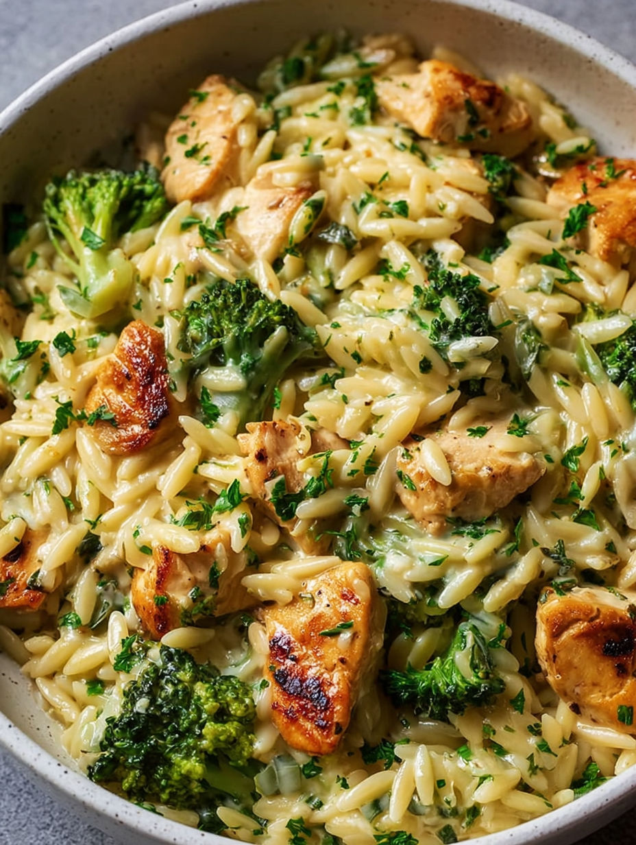 A dish of chicken, broccoli, and pasta.