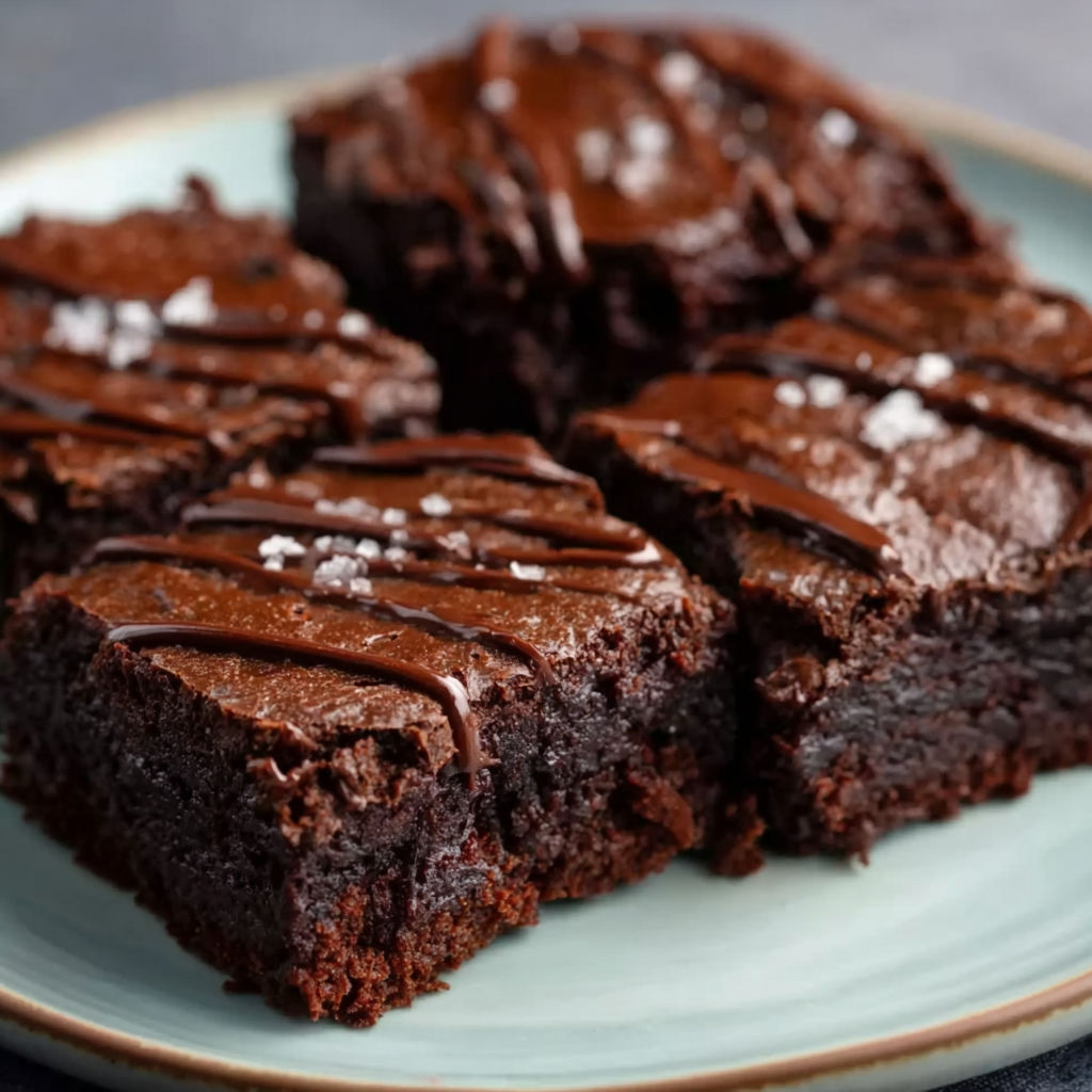 A plate of brownies with chocolate and white toppings.