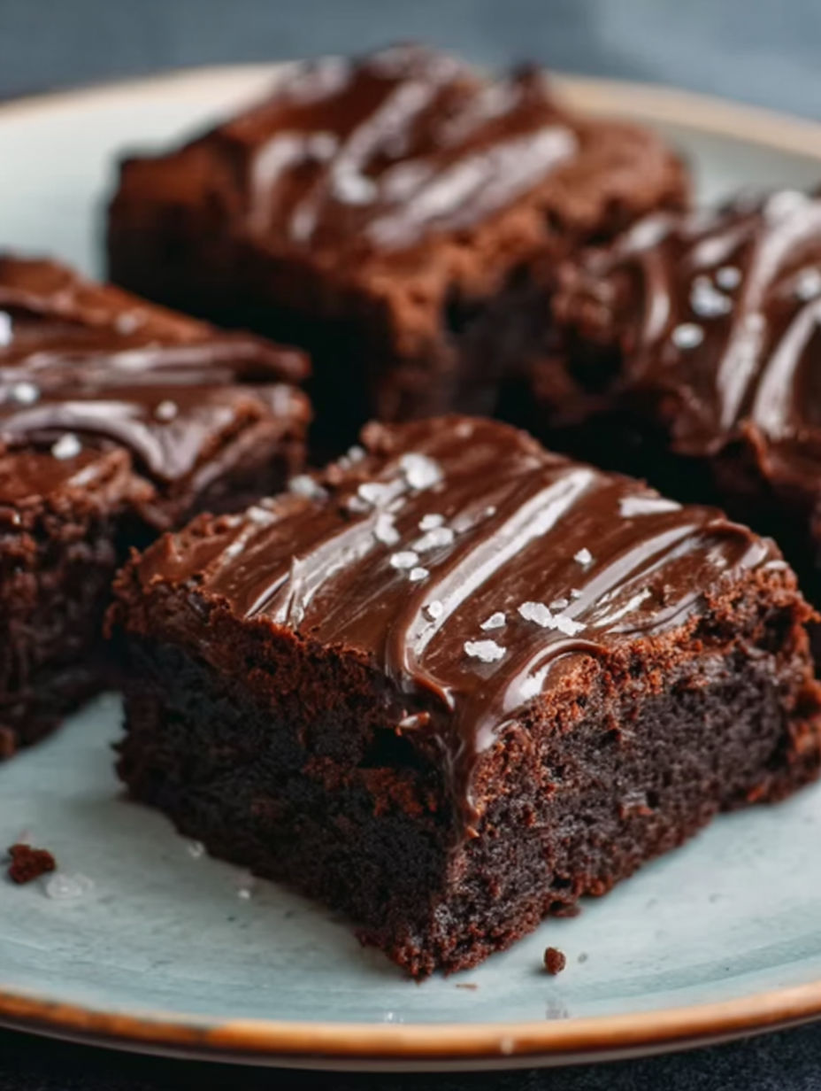 A plate of brownies with chocolate frosting.