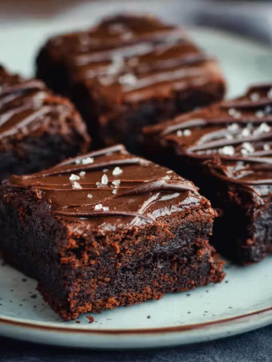A plate of brownies with chocolate and white toppings.