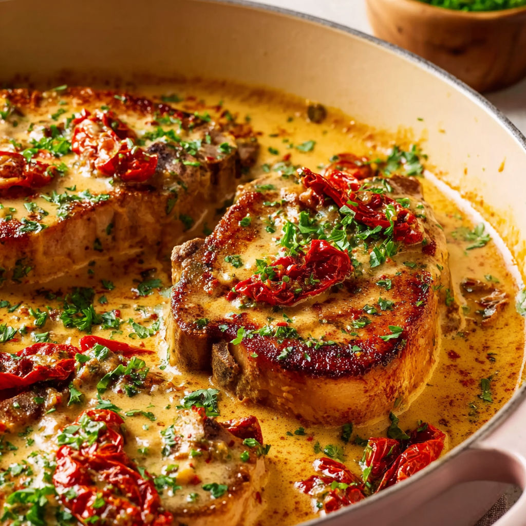 A dish of meat with red peppers and herbs.