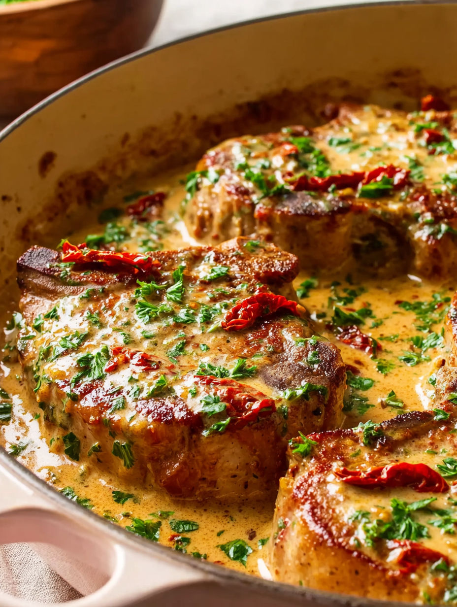 A dish of meat with a sauce and green herbs.