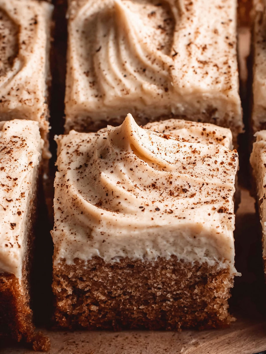 A slice of chai cake with white frosting.
