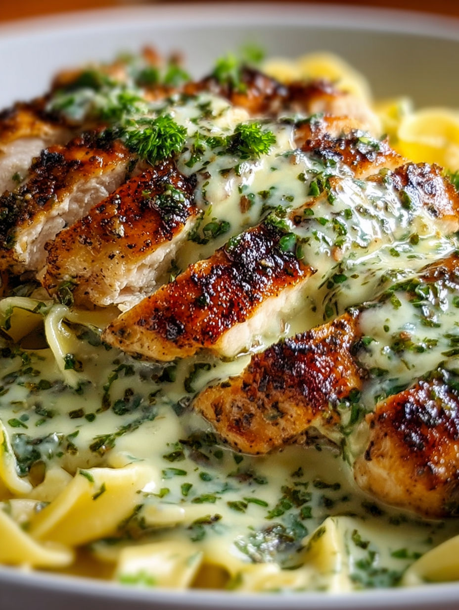 A piece of chicken covered in creamy pesto sauce.