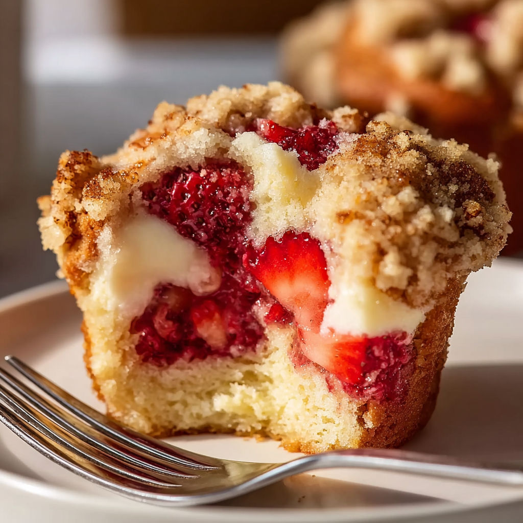 A slice of strawberry cream cheese muffin.