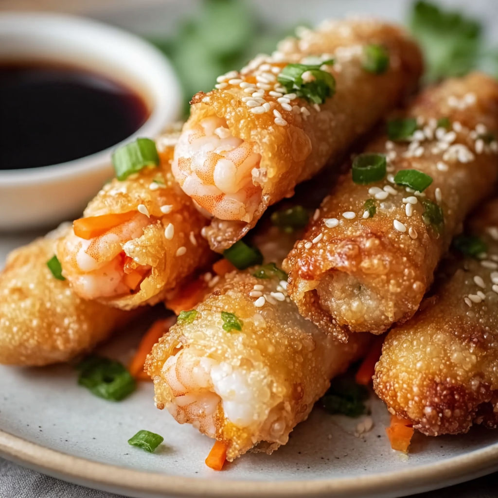 A plate of shrimp spring rolls with a dipping sauce.