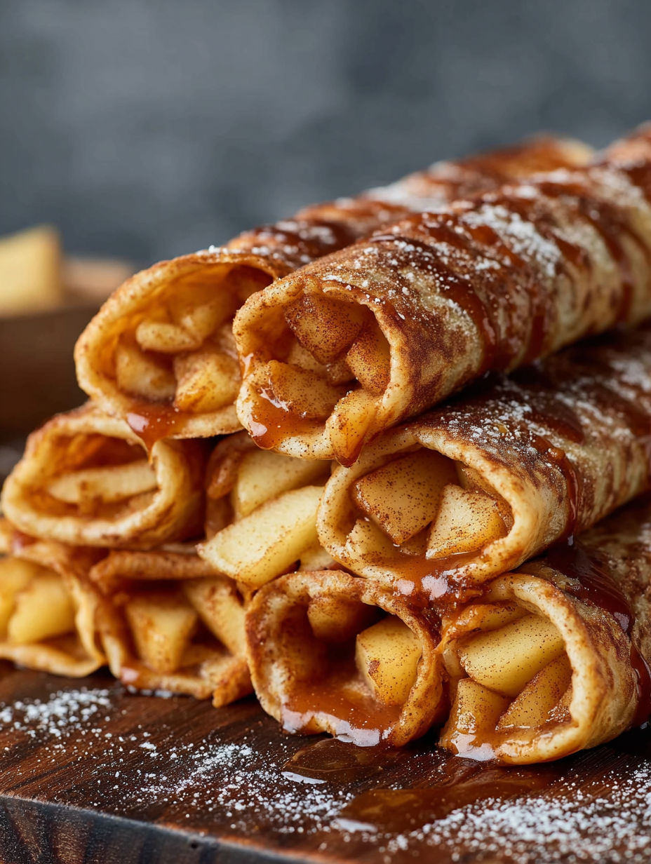 A stack of crêpes with apple filling and cinnamon.
