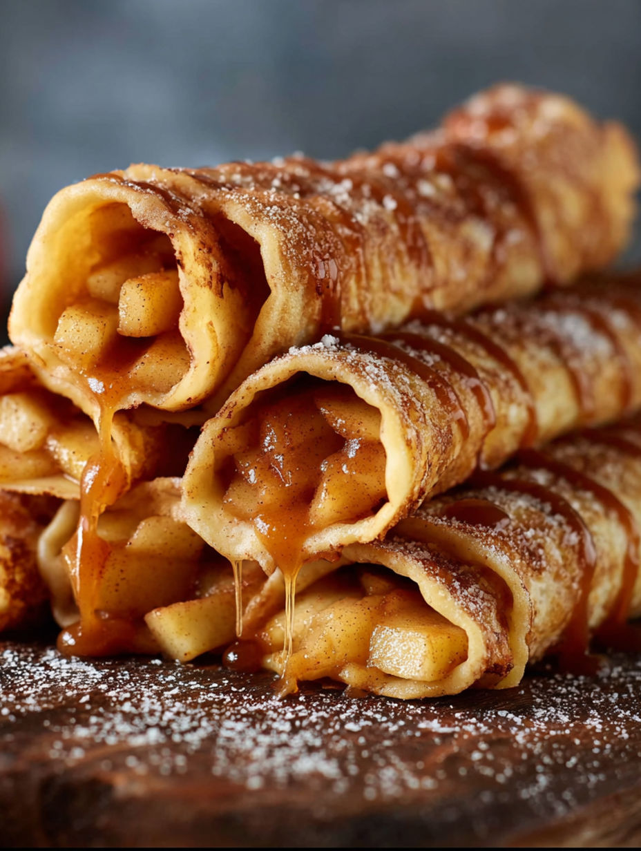 A stack of crêpes with apple filling and caramel sauce.