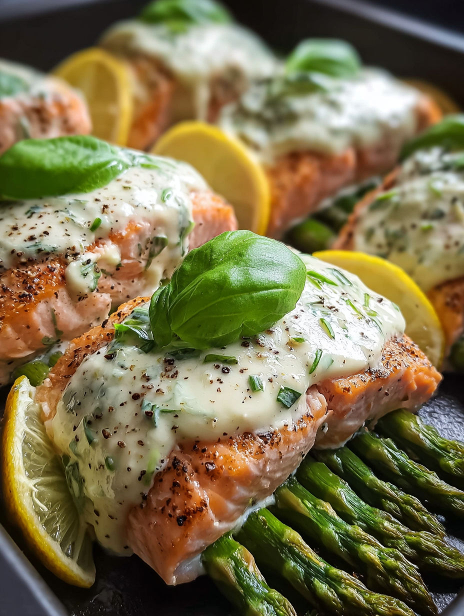 Spargel & Zitronen-Basilikum-Ricotta gefüllte Lachsrollen.
