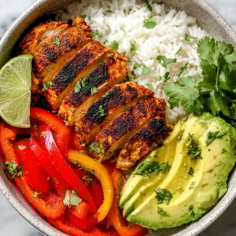 A bowl of food with chicken, rice, and vegetables.