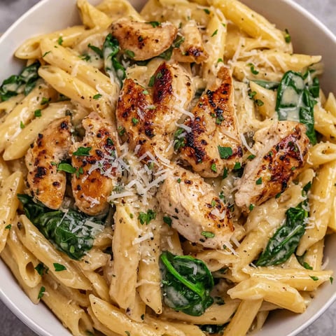 A bowl of pasta with chicken and parmesan cheese.