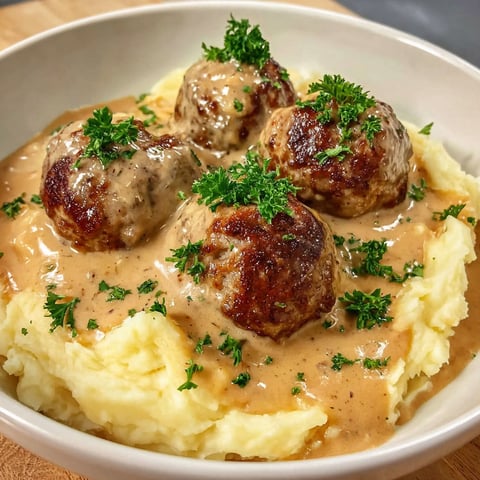 A bowl of food with meatballs and potatoes.