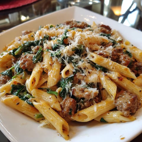 A plate of pasta with meat and spinach.