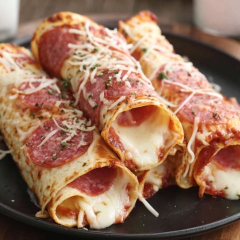 A plate of pepperoni pizza roll ups.