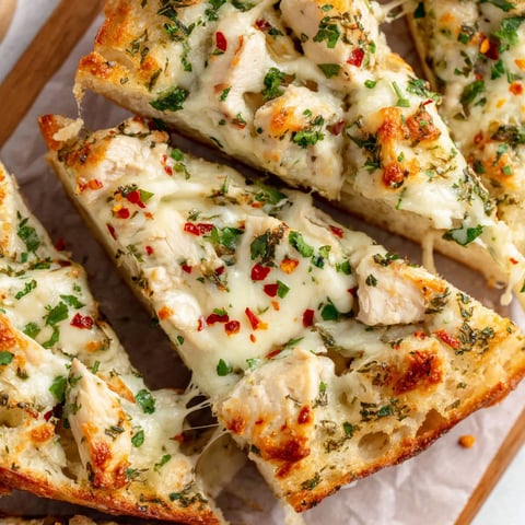 A slice of chicken Alfredo knoblauchbrot.