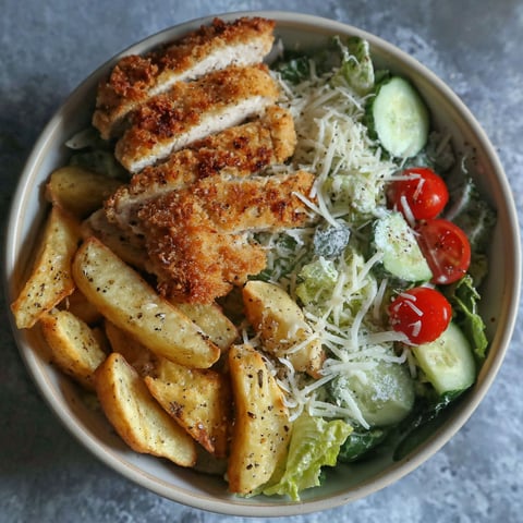 A bowl of food with chicken, potatoes, and vegetables.