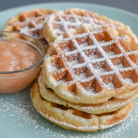 A plate of waffles with powdered sugar on top.