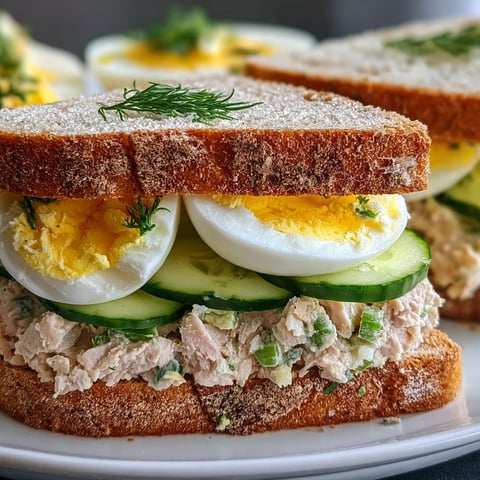 A sandwich with eggs and cucumbers on top.